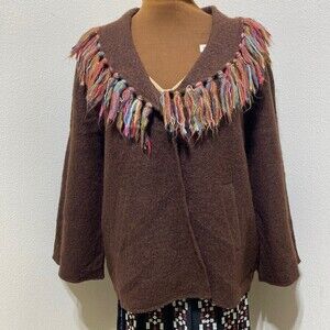 Lark Lane 100% Wool Fringe Brown Shawl/ Cardigan Size Large